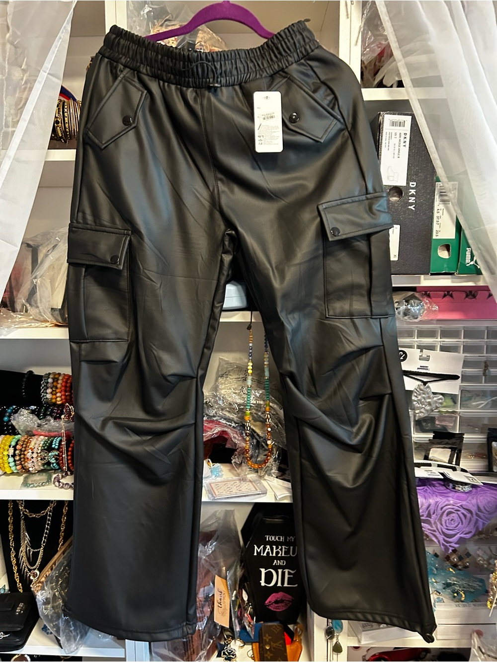Black Faux Leather Cargo Pants - Ladies